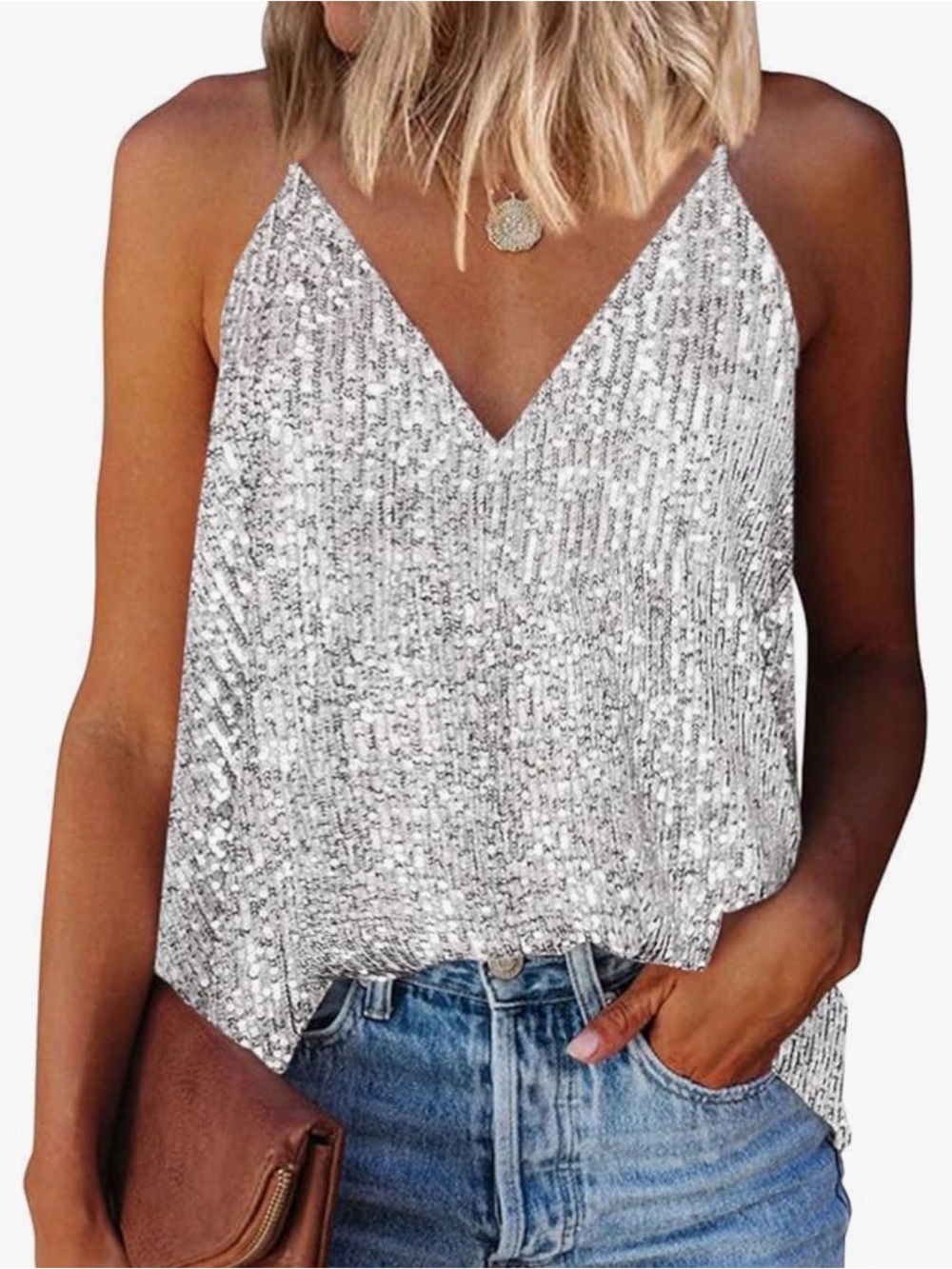 Silver Sequin V-Neck Cami Top